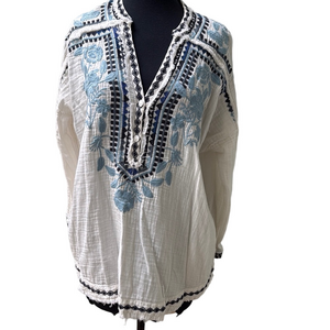 JOHNNY WAS Vedera Gauze Embroidered Peasant Top S 3/4 Sleeve w/pockets